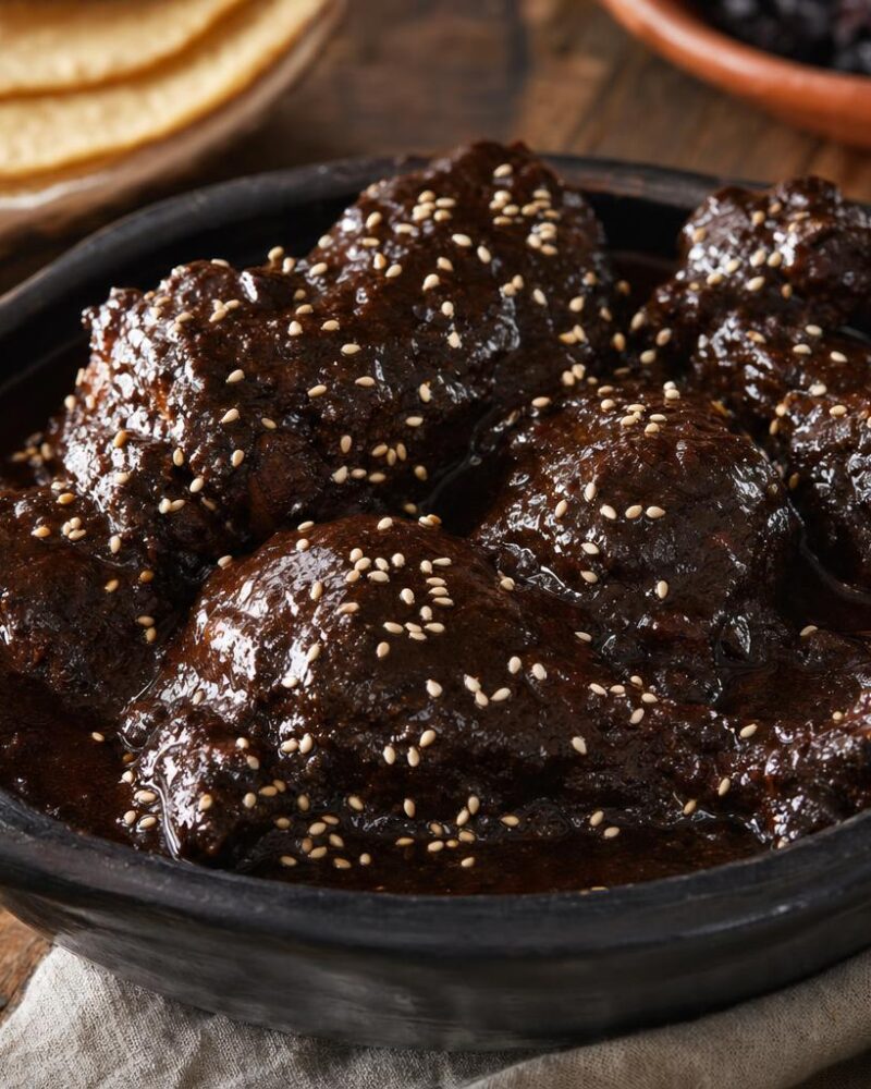 Mole negro oaxaqueño with chicken, sesame seeds and tortillas
