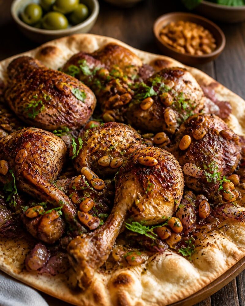 Musakhan - sumac chicken with caramelized onions over flatbread