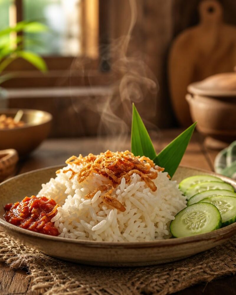 Nasi Uduk (coconut rice) with fried shallots and sambal