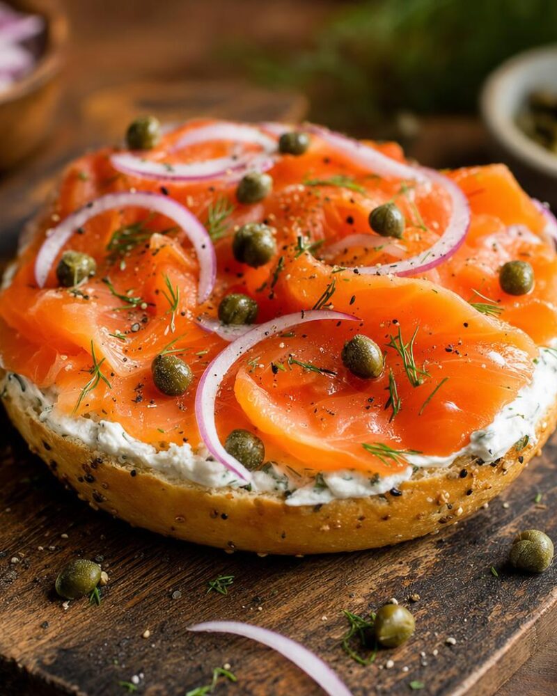 Bagel with smoked salmon, cream cheese, red onion and capers