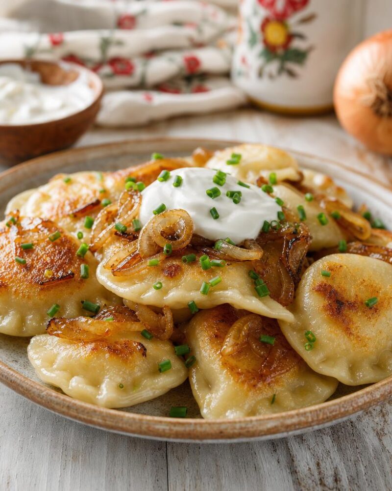 Pan-fried pierogi with caramelized onions and sour cream