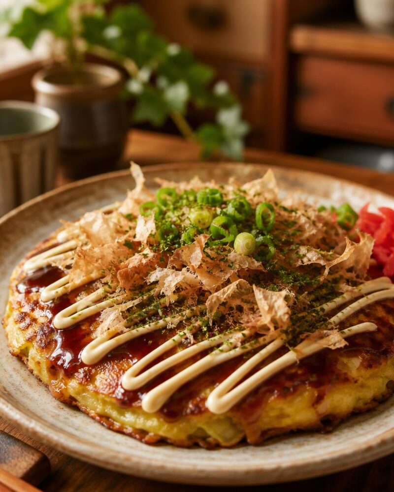 Okonomiyaki (savory cabbage pancake) with sauce and mayo