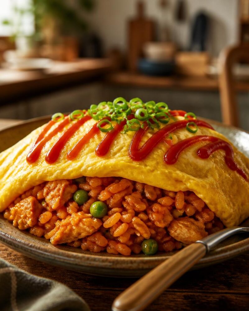 Omurice (omelet rice) with ketchup swirl