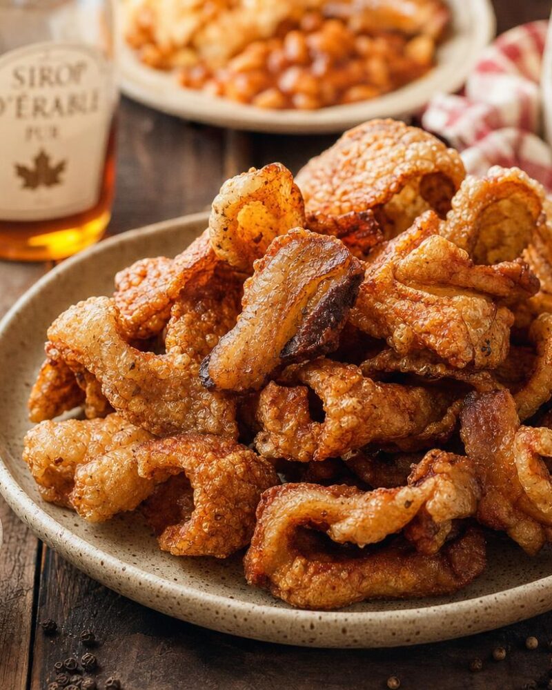 Oreilles de crisse, crispy fried pork cracklings from the sugar shack with maple syrup for dipping