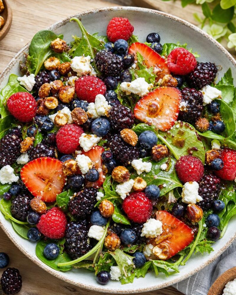 Fresh mixed berry salad with goat cheese and candied hazelnuts