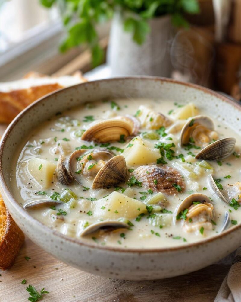 Creamy Pacific Northwest clam chowder with sourdough bread