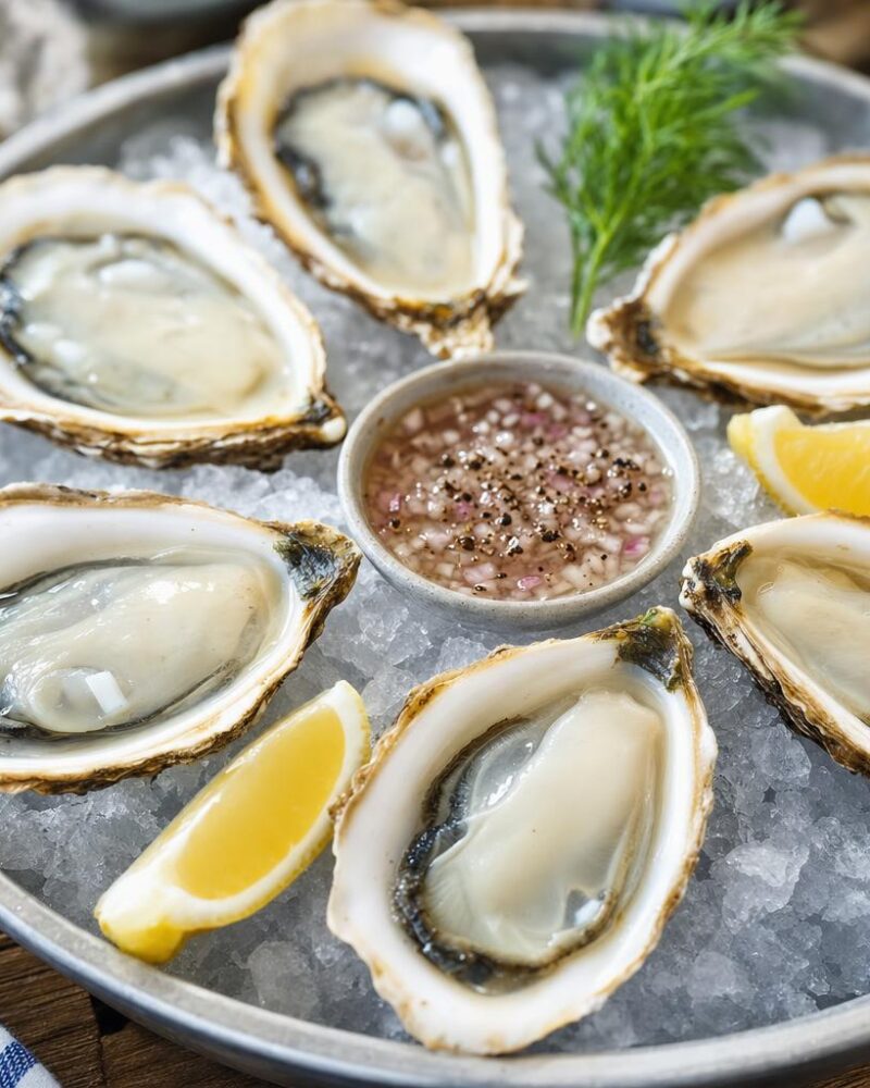 Pacific Oysters - briny Pacific oysters on the half shell with shallot mignonette