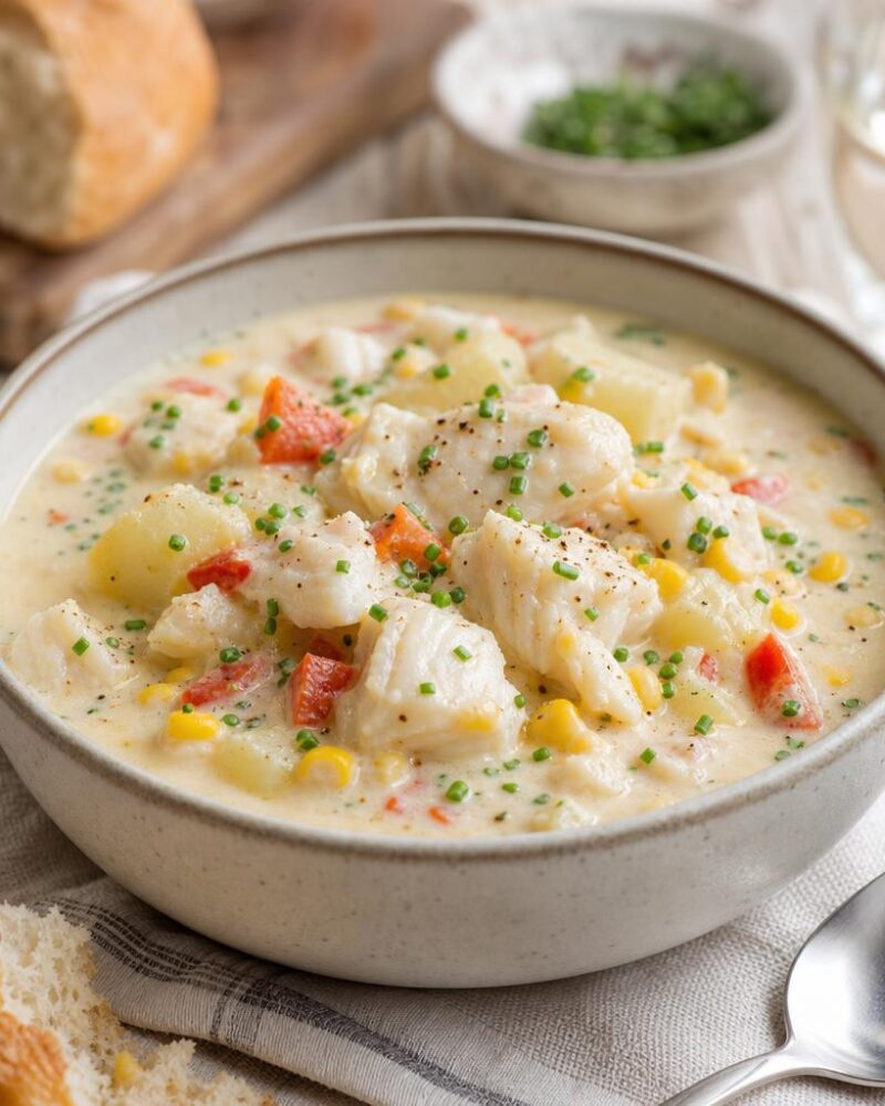 Creamy Pacific rockfish chowder with corn and potatoes