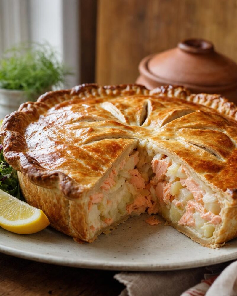 Pâté au saumon, Quebec salmon pie with creamy potato and onion filling under a flaky crust