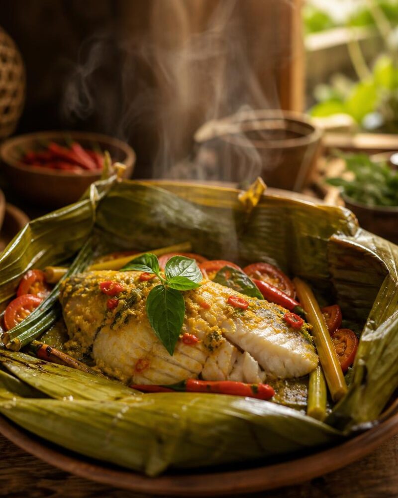 Pepes Ikan (banana leaf steamed fish) opened parcel