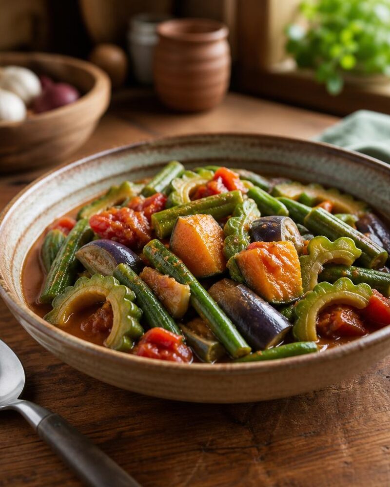 Pinakbet — chunky vegetable stew with bitter melon, squash and okra in shrimp-paste sauce