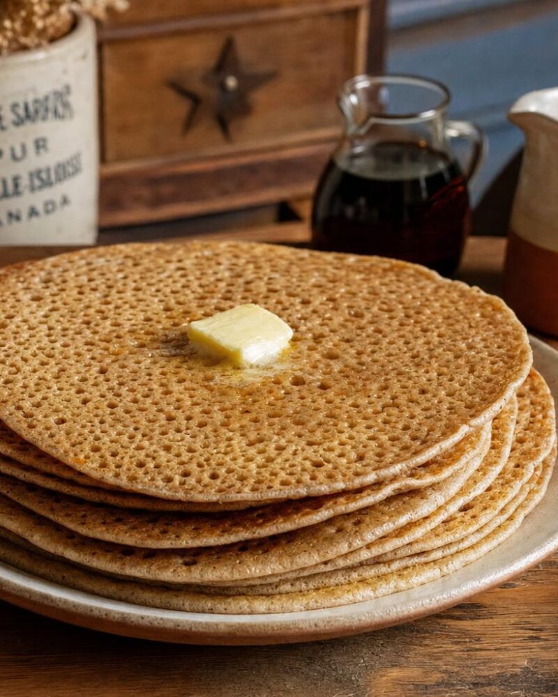 Ployes, Acadian buckwheat griddle breads with bubbly tops, butter, molasses and maple syrup