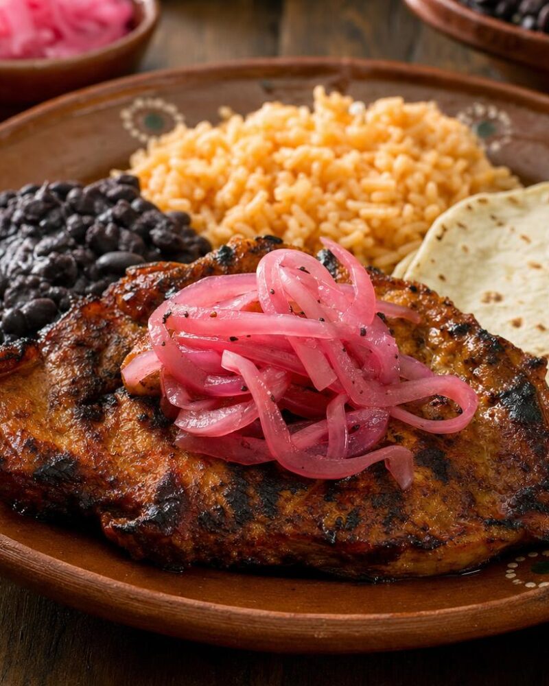 Yucatecan poc chuc grilled pork with pickled onion