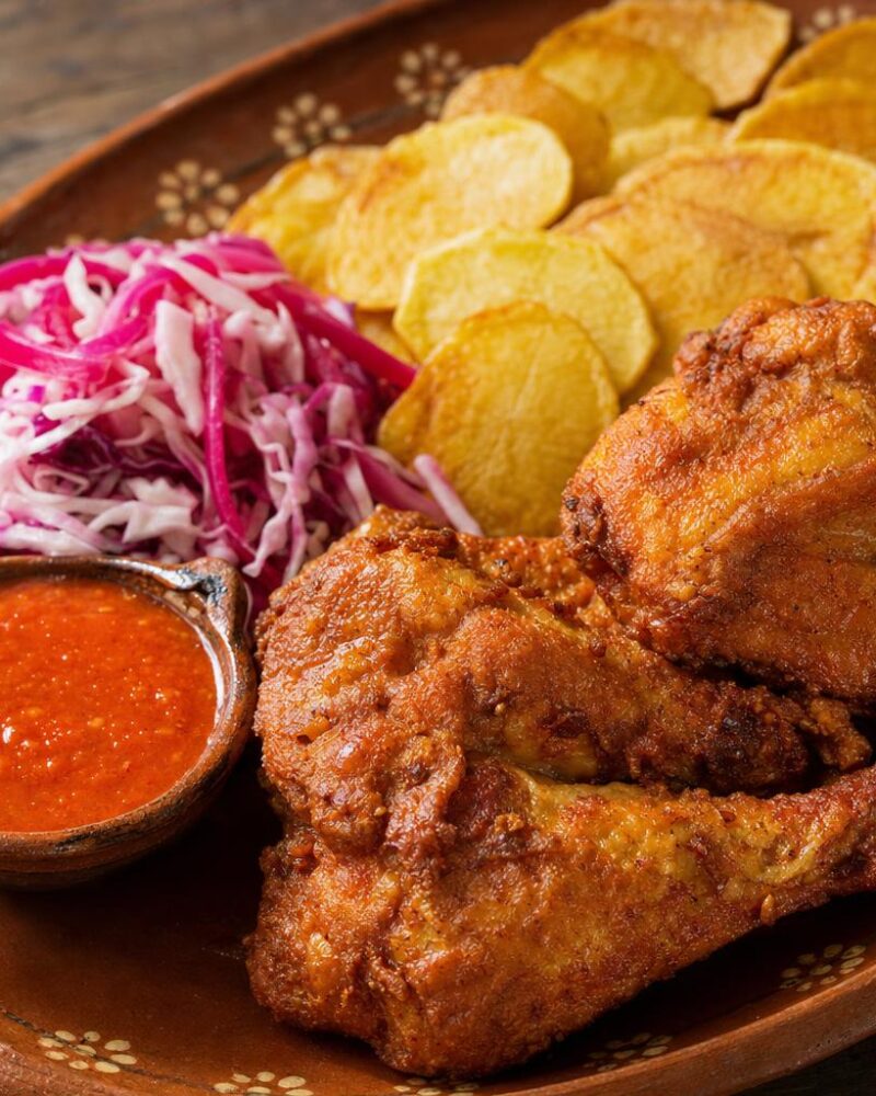 Juchitán pollo garnachero fried chicken with potatoes