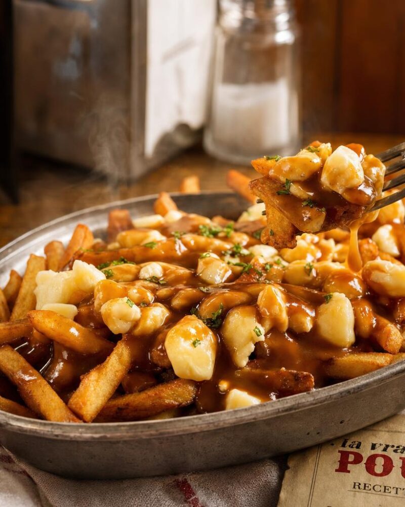 Poutine québécoise, crispy fries with squeaky cheese curds and rich hot gravy