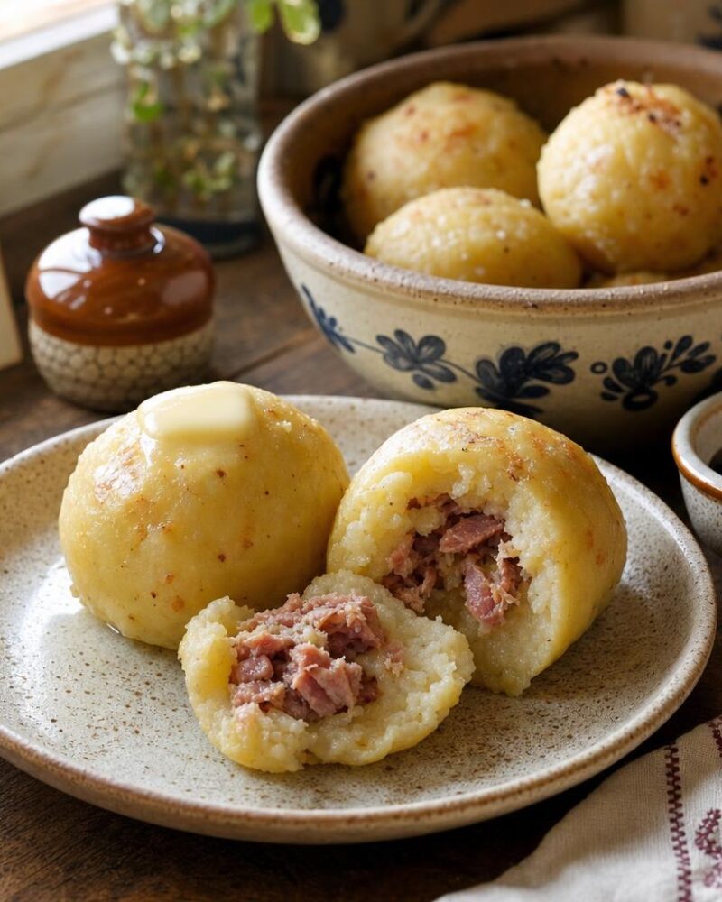 Poutine râpée, Acadian potato dumplings with a salted pork filling, butter and molasses