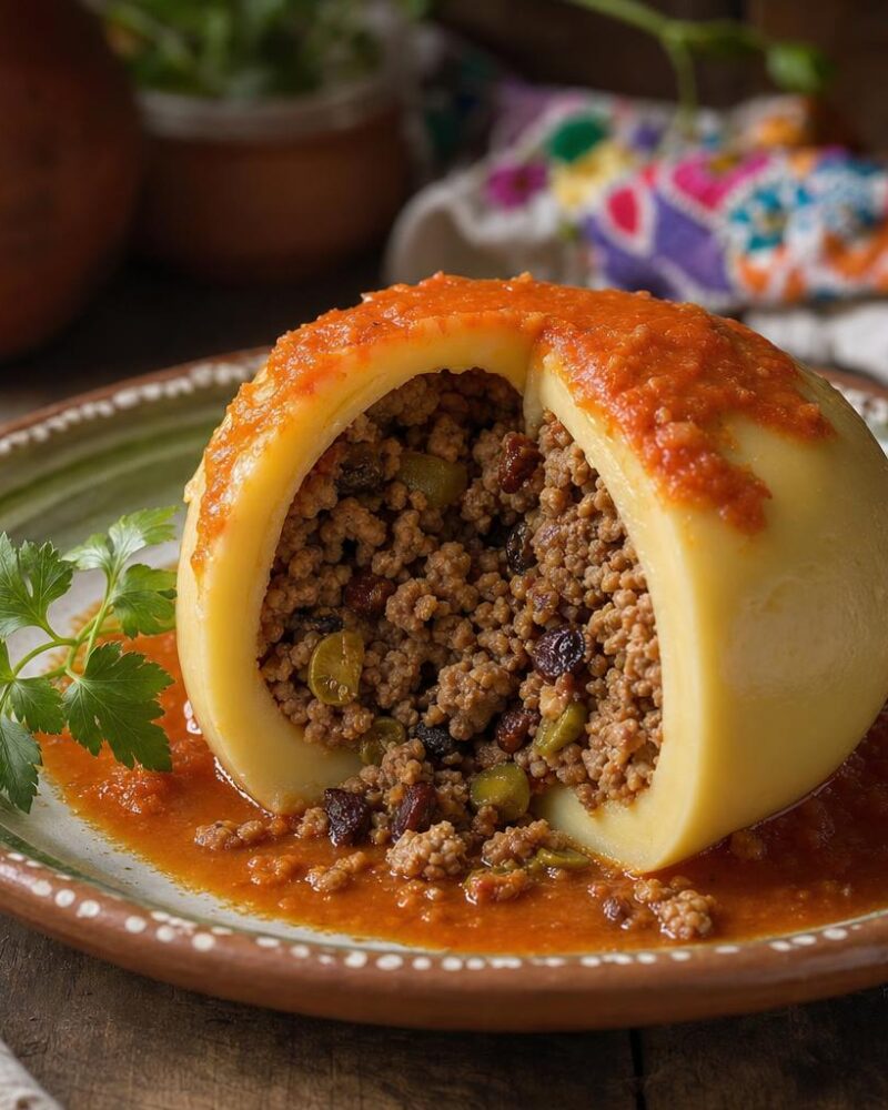 Queso Relleno - Edam cheese stuffed with picadillo