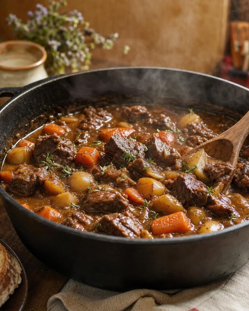 Ragoût de chevreuil, braised venison with root vegetables in a glossy herb gravy