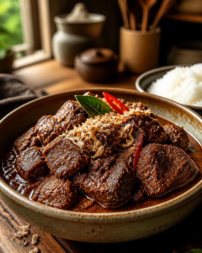 Rendang (slow-braised beef in coconut milk) with rice