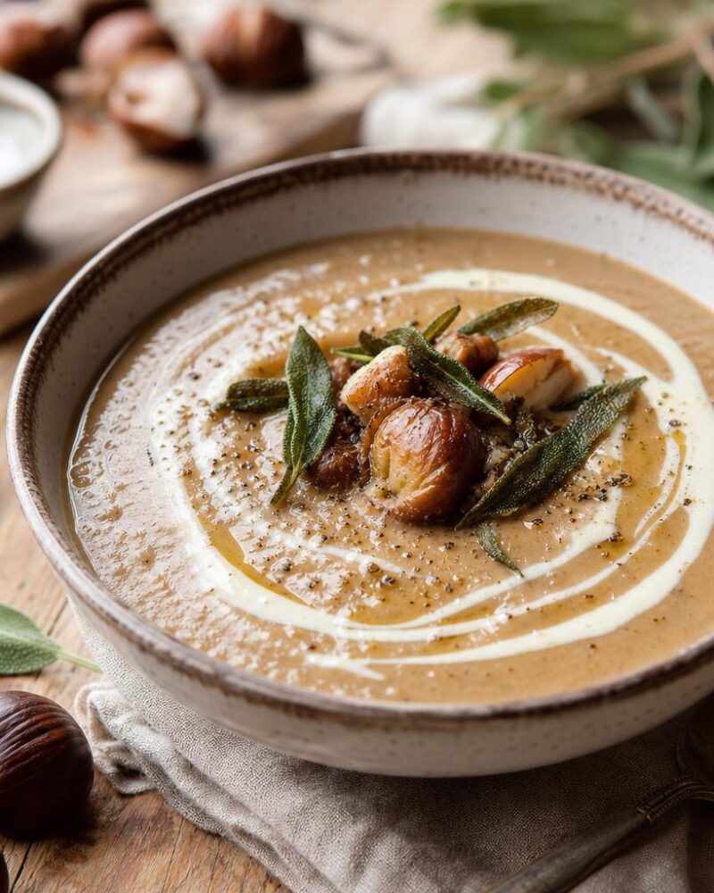 Silky roasted chestnut soup with cream swirl and crispy sage