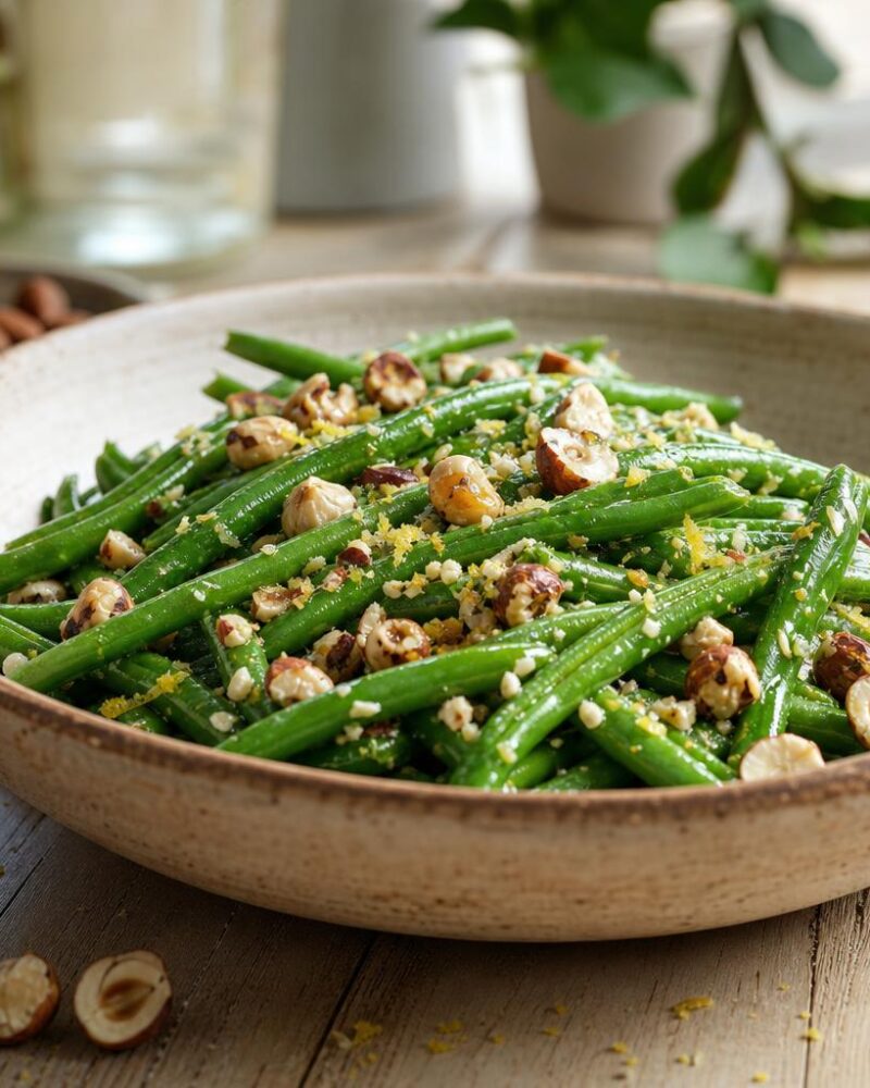 Roasted green beans with toasted hazelnuts and brown butter