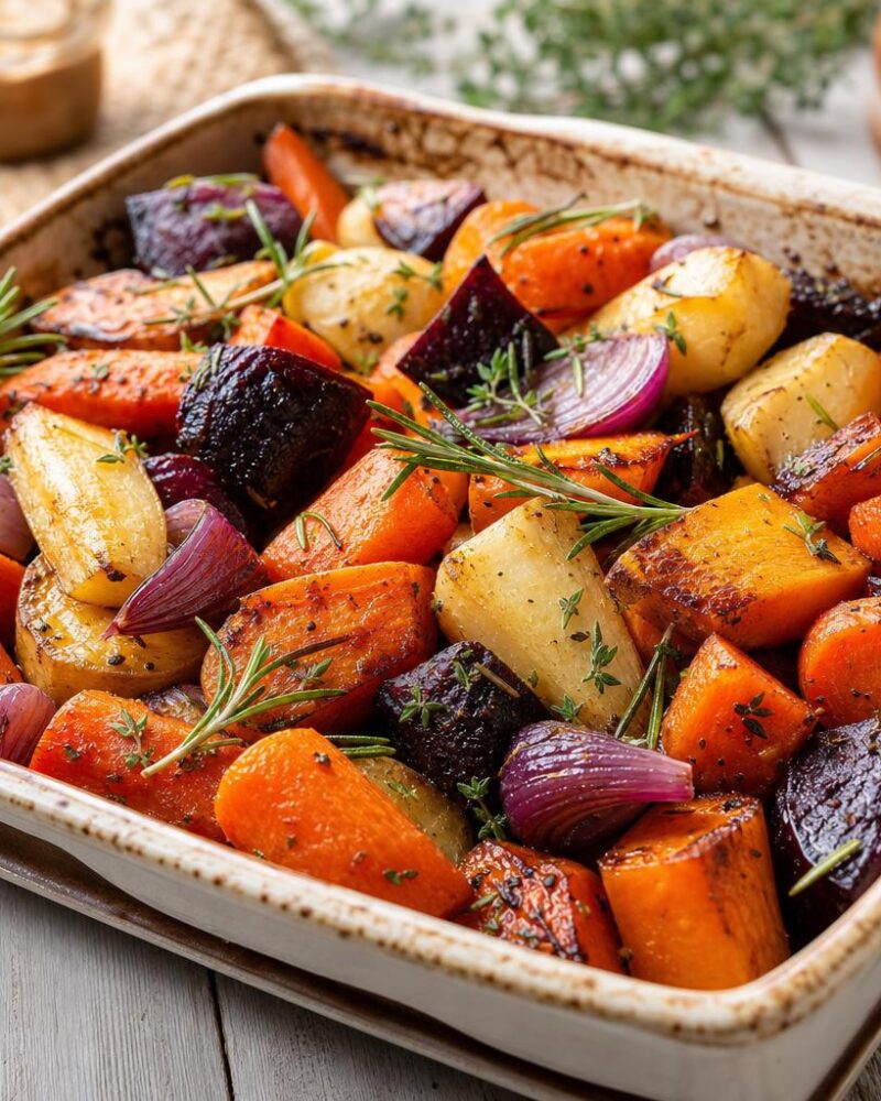 Caramelized roasted root vegetables with rosemary and thyme