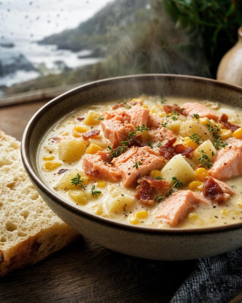 Salmon Chowder BC - creamy chowder with wild salmon, potatoes and sweet corn