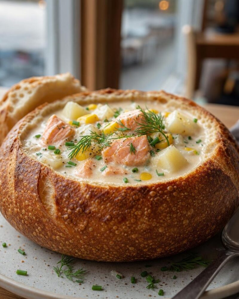 Creamy salmon chowder served in a sourdough bread bowl