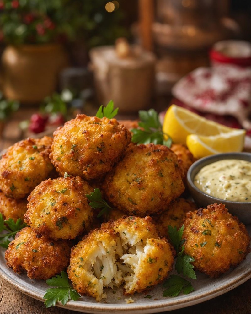 Crisp golden salt cod fritters with tartar sauce and lemon wedges