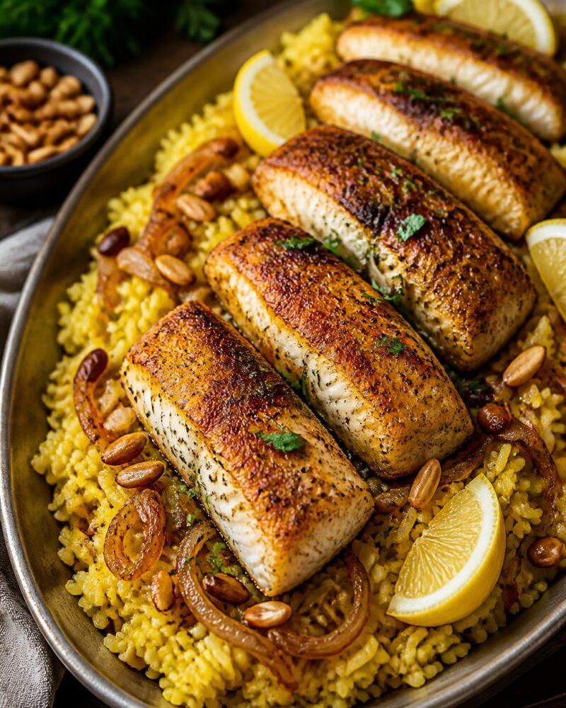 Sayadieh - seared fish over turmeric rice with caramelized onions