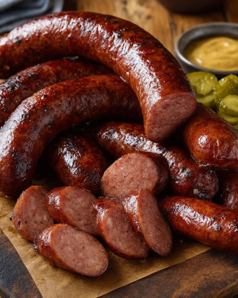 Smoked Beef Sausage Links - Texas smoked beef sausage sliced and served