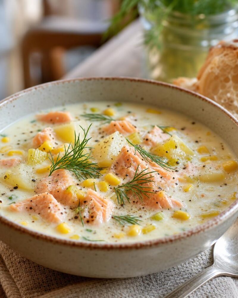 Creamy smoked salmon chowder with corn, potatoes and dill
