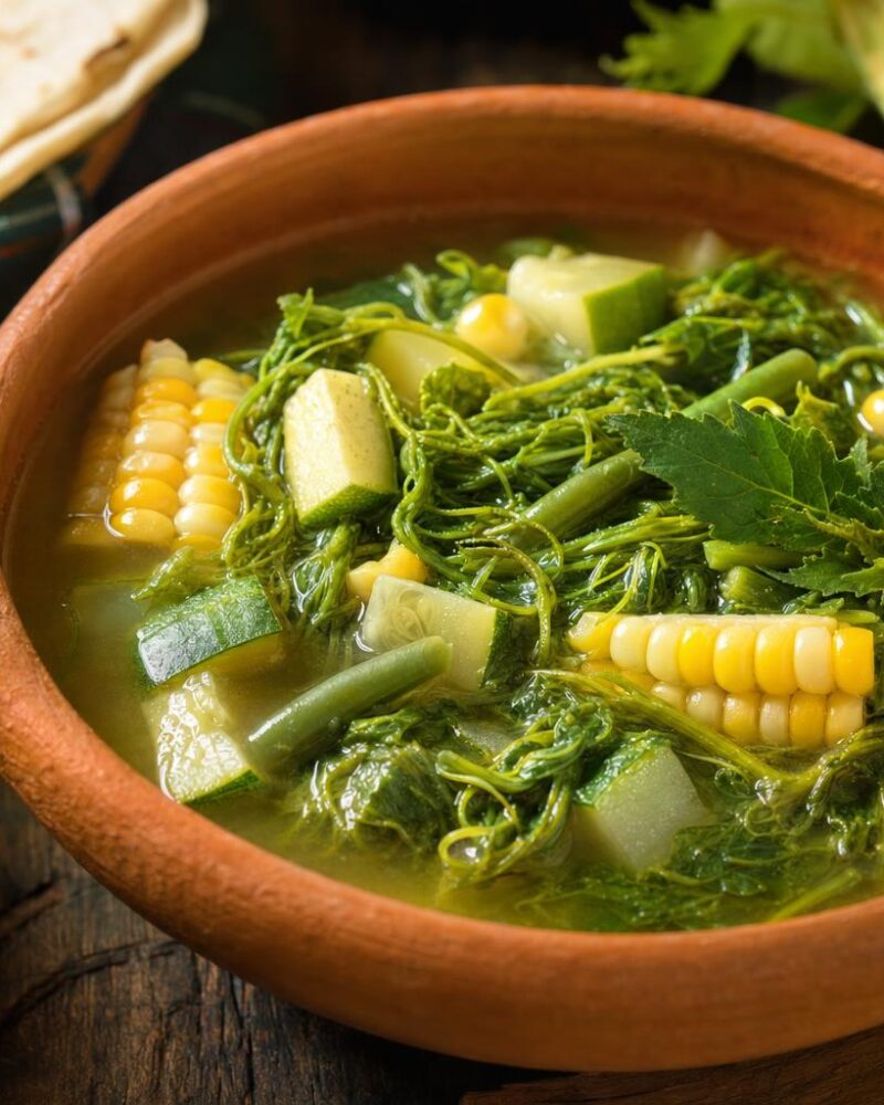 Oaxacan squash vine soup sopa de guías with corn and epazote