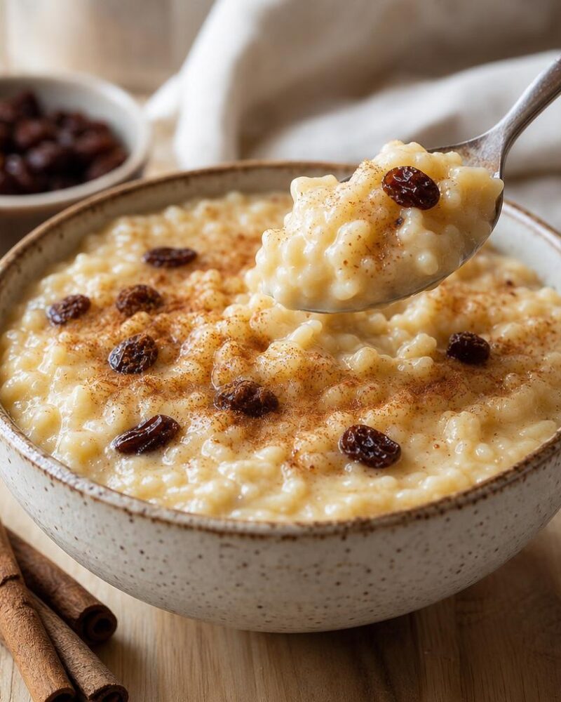Creamy cinnamon rice pudding with raisins in a rustic bowl