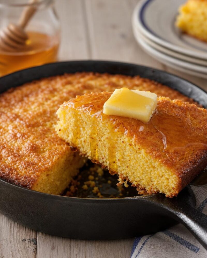Golden skillet cornbread wedge with melting butter and honey