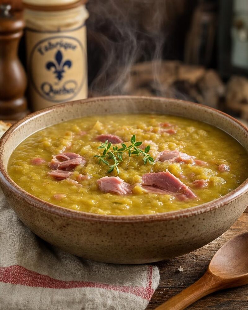 Soupe aux pois, thick Quebec yellow pea soup with smoky ham and crusty bread