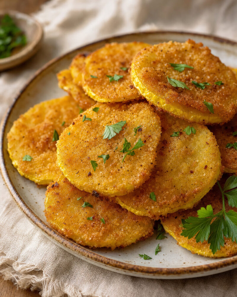 Southern fried squash slices in seasoned cornmeal crust
