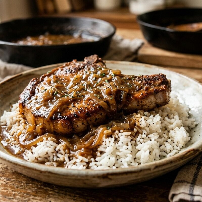 Southern Smothered Pork Chops with onion gravy and rice