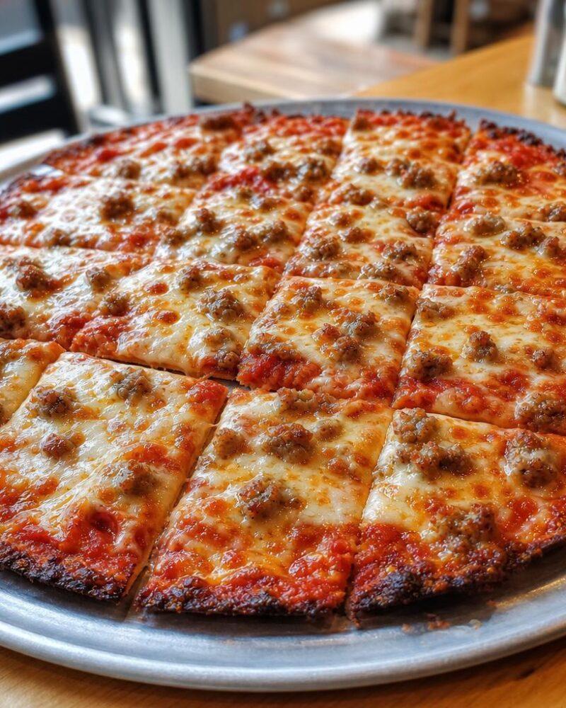 Thin-crust St. Louis pizza cut into squares with Provel cheese