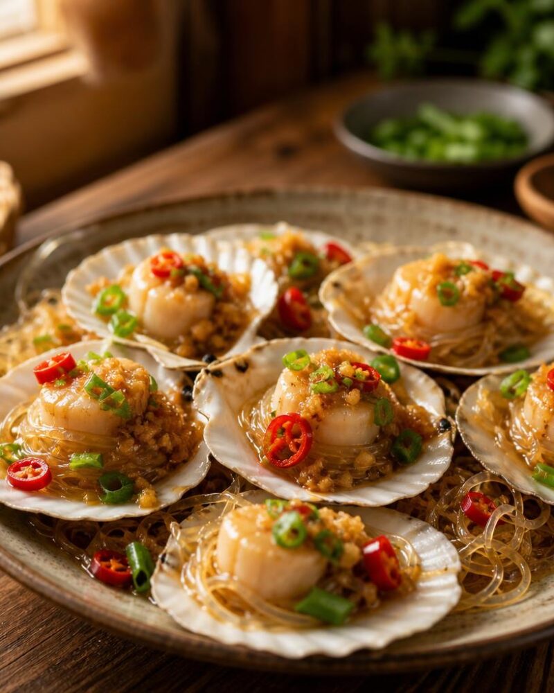 Steamed Garlic Scallops — plump scallops steamed over vermicelli with sizzling garlic