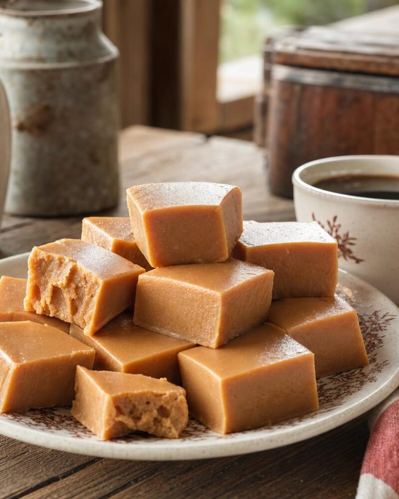 Sucre à la crème, soft Quebec maple cream fudge squares with coffee
