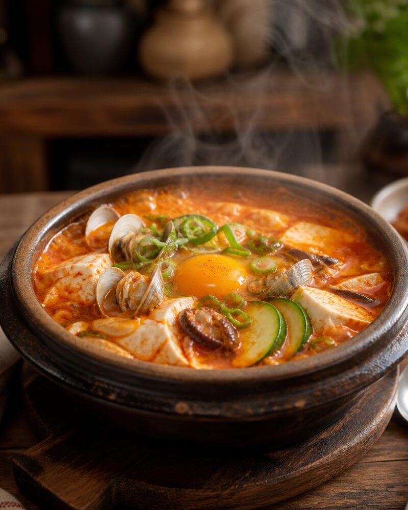 Sundubu Jjigae — silken tofu stew with clams and egg in fiery broth