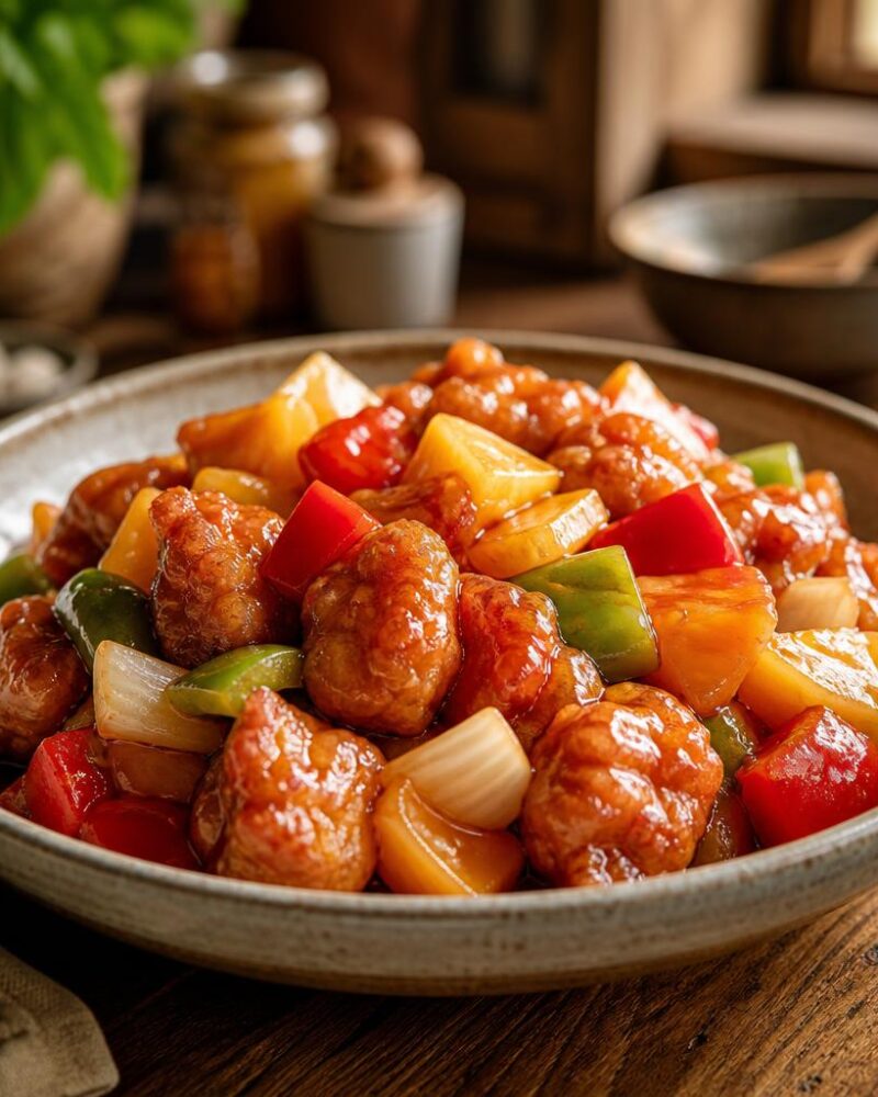 Sweet and Sour Pork — crispy pork in glossy sweet-sour sauce with peppers and pineapple