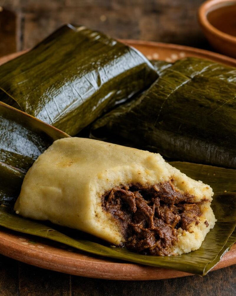Oaxacan tamales wrapped in banana leaves with mole filling