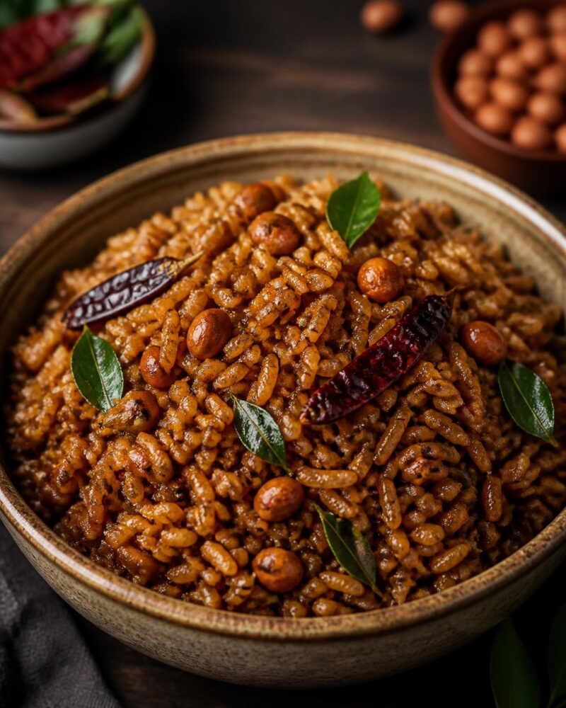 Tamarind Rice - dark sticky sweet-sour South Indian rice with peanuts and curry leaves