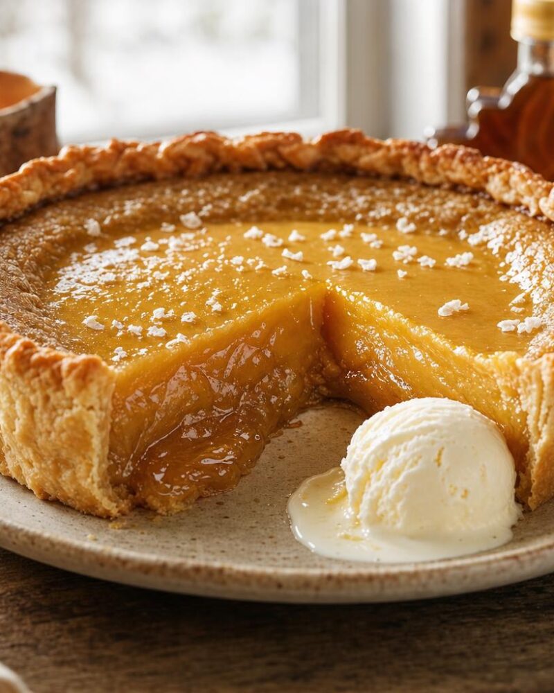 Tarte au sirop d'érable, silky maple syrup custard pie with vanilla ice cream