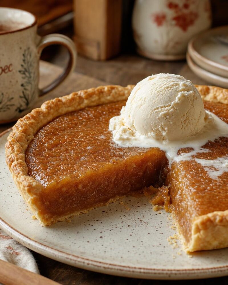 Tarte au sucre, Quebec brown sugar cream pie with caramelized filling and vanilla ice cream