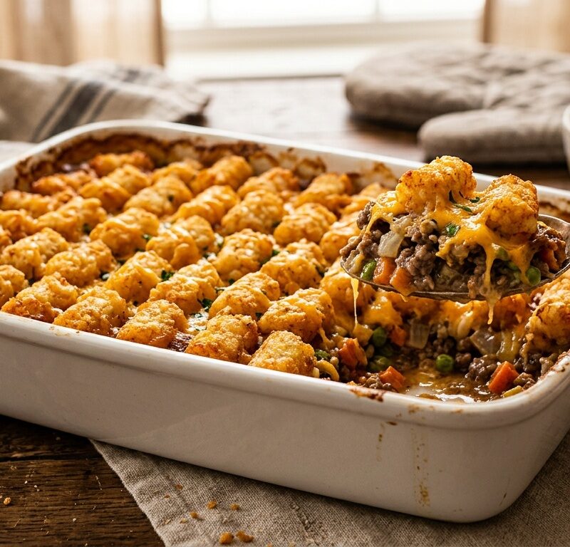 Tater tot casserole with crispy golden tater tots and melted cheese