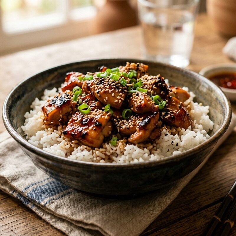 Teriyaki Chicken Bowls with glazed chicken, rice and sesame seeds