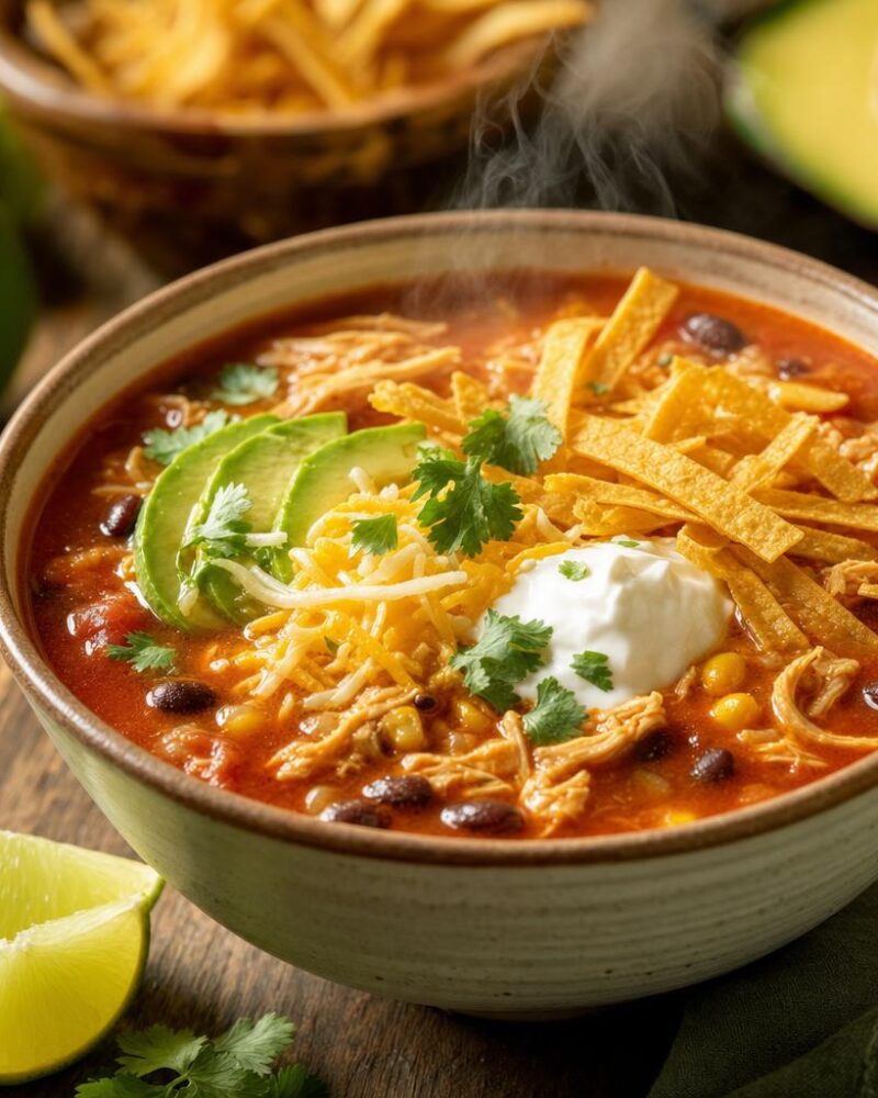 Chicken tortilla soup with crispy tortilla strips, avocado and cheese